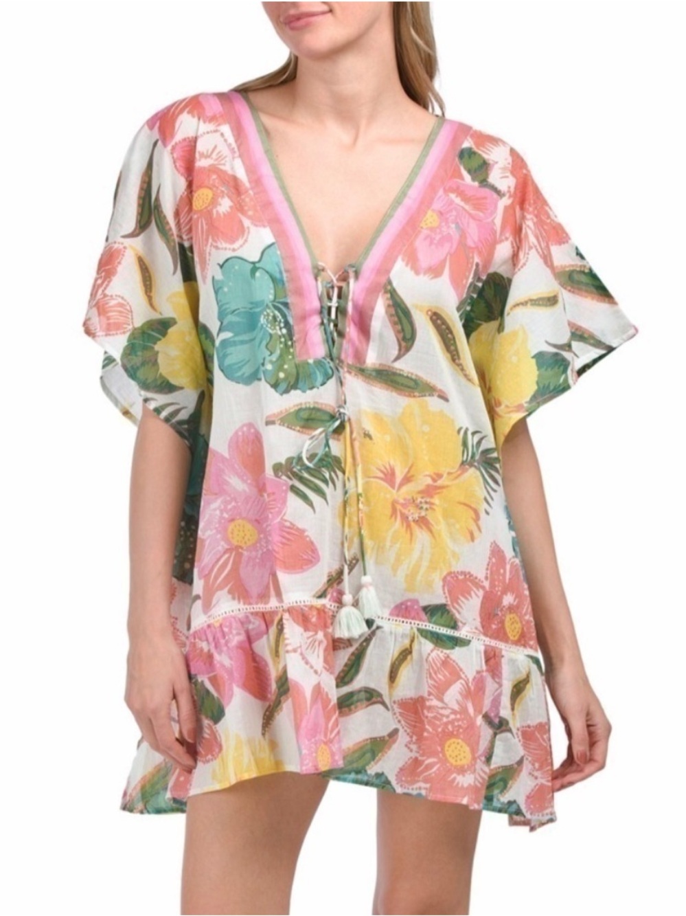 New Z&L EUROPE Floral Printed V-Neck Beach Cover-Up Tunic